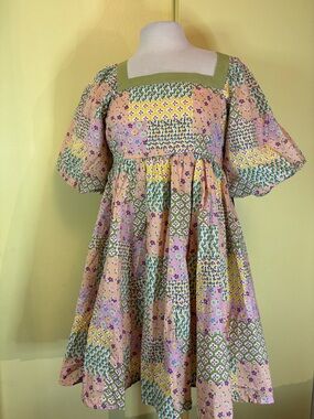In Loom Pastel Patchwork Square-Neck Puff Sleeve Dress - Pockets